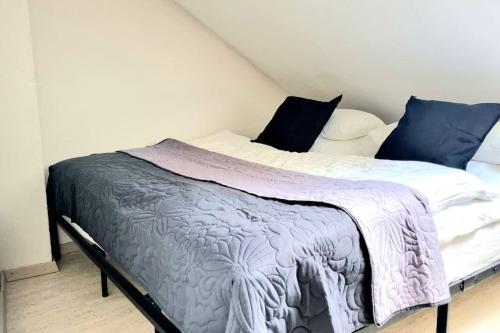 哥廷根City Apartment in Göttingen的客房内的白色床和蓝色枕头