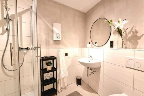哥廷根City Apartment als Raumwunder的带淋浴、盥洗盆和镜子的浴室