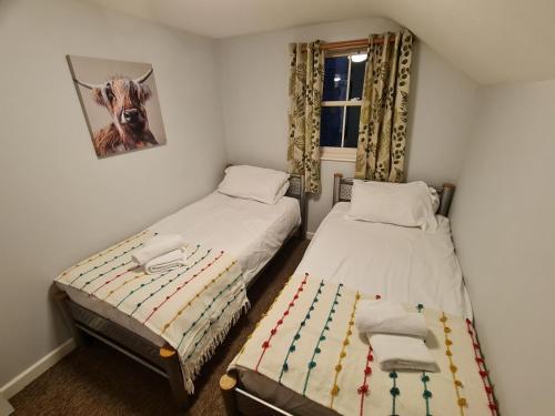 莱奇莱德江滨酒店的卧室配有两张床,并画着一幅牛的照片