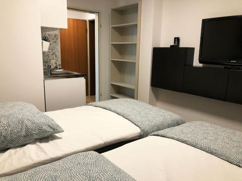 杜塞尔多夫Nice Apartment in Düsseldorf的一间卧室配有两张床和一台平面电视