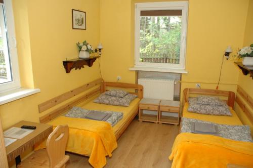 卡尔帕奇ORION的黄色墙壁客房的两张床