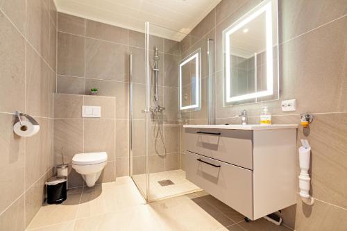 巴尔斯塔Gjermesøy Luxury Apartment的带淋浴、卫生间和盥洗盆的浴室