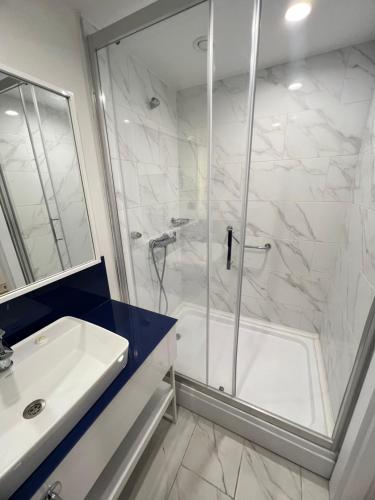 巴统Orbi city Aparthotel的带淋浴和盥洗盆的浴室