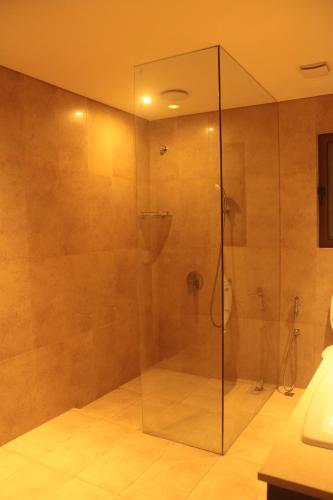 KharadiNiva Stays Riverside 1的浴室设有玻璃淋浴间和卫生间