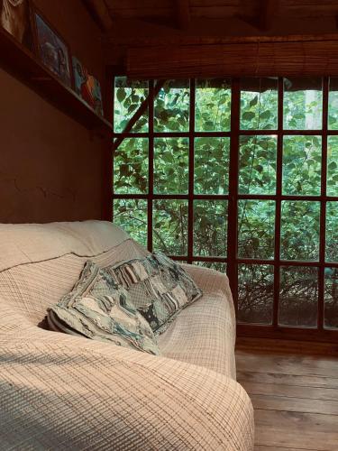 圣安娜CABAÑA en Eco Posada Tierra Fértil的窗户间内的一张带枕头的床