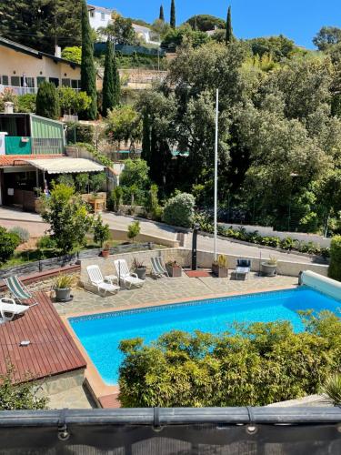 勒·雷约尔·卡纳德尔·苏尔蓝色海湾公寓的享有带椅子和树木的游泳池的景色