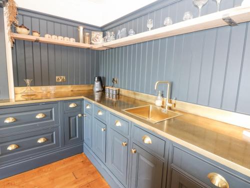 杜伦Arbour House Farm Bungalow的厨房配有蓝色橱柜和水槽