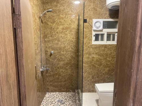 泰布克Dvina Hotel的带淋浴、卫生间和门的浴室