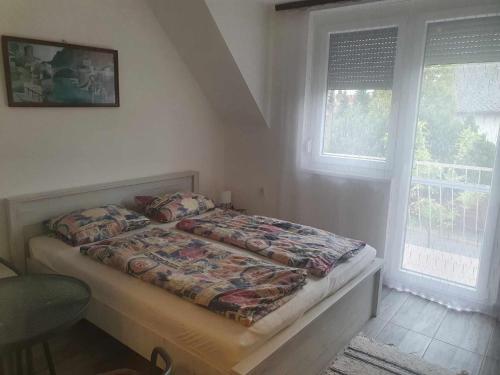 巴拉通雷勒Farkas Apartmanok的卧室配有床,位于带2个窗户的房间