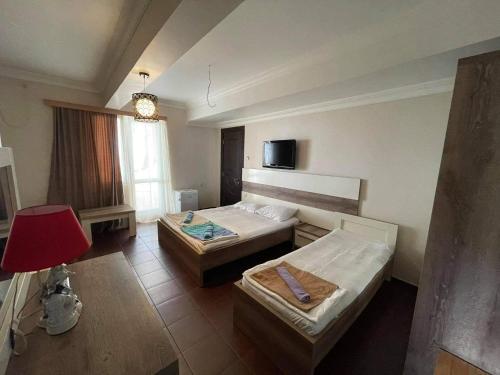 科布列季Megobroba的一间卧室设有两张床,墙上配有电视。