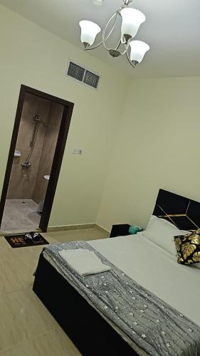 迪拜Luxury Rooms的一间卧室配有一张带镜子和淋浴的床
