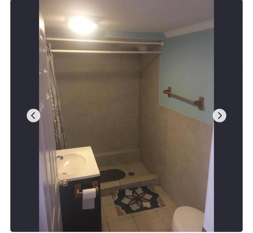 新奥尔良印度房子旅馆的带淋浴、盥洗盆和卫生间的浴室