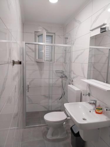 莫鲁纳特Captain's villa的带淋浴、卫生间和盥洗盆的浴室