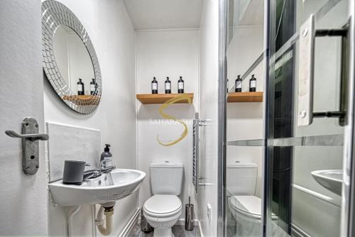 诺丁汉Luxe 3 Bed Central Nottingham的一间带水槽、卫生间和镜子的浴室