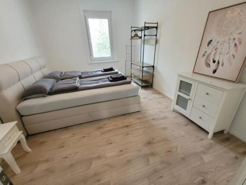 阿尔布斯塔特Ferienwohnung und Monteurzimmer的一间卧室配有一张床和一个梳妆台