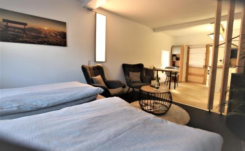 DriedorfWesterwald Apartment DRIE600的酒店客房带两张床和一张桌子以及椅子。