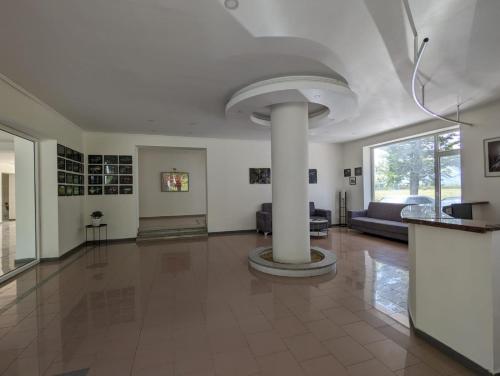 Ianet'iHotel Tsiskari的大型客厅设有大型白色天花板。