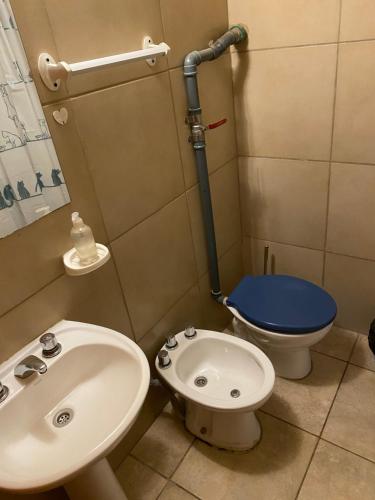 埃博森Camping El Bolson的浴室设有蓝色的卫生间和水槽。