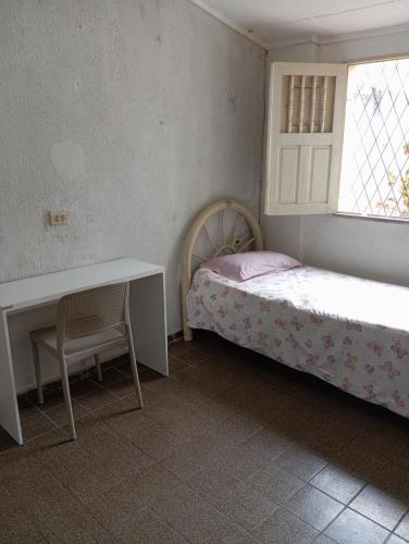 特雷西纳Hostel Teresina的一间卧室配有一张床、一张书桌和一个窗户。