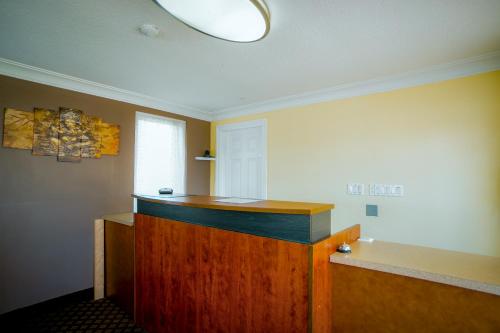 萨尼亚福尔兹汽车旅馆的客房设有木制柜台和窗户。