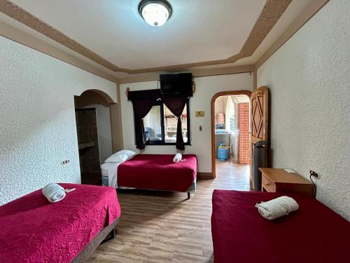 帕纳哈切尔Posada don Miguel的一间卧室配有两张带红色床单和椅子的床