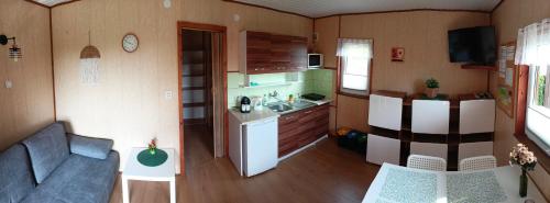乌斯特卡Domki WIKA 2的一间小厨房和一间位于小房子内的客厅