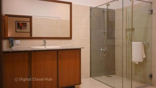 卡拉奇Ambassador Hotel Clifton的一间带水槽和淋浴的浴室