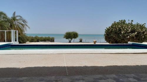 Palmarinla villa sur la plage的一座背景海洋的游泳池