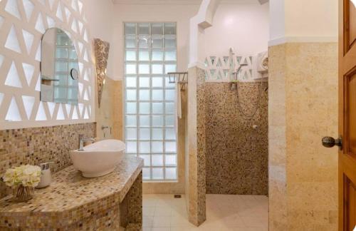 长滩岛Palmhill Villa的一间带水槽和淋浴的浴室