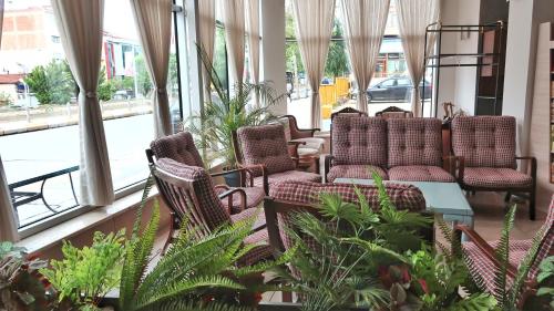埃迪尔内巴尔塔酒店的大堂设有椅子、植物和窗户。
