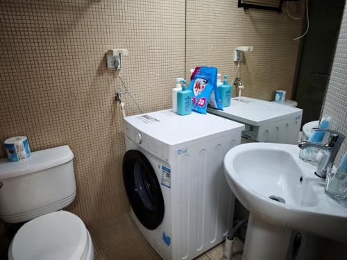 上海iNestin Shanghai Apt Hongfeng Road的浴室设有水槽旁的洗衣机