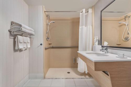 夏洛特 夏洛特机场南I-77提渥拉温德姆集团温盖特酒店的带淋浴、盥洗盆和镜子的浴室