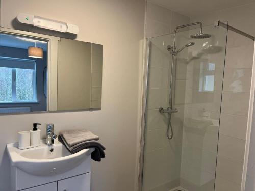 斯皮德尔Bay Area House, Spiddal的一间带玻璃淋浴和水槽的浴室