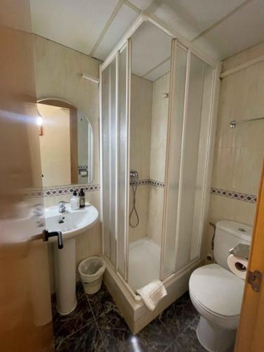 萨拉戈萨康伯利旅馆的带淋浴、盥洗盆和卫生间的浴室