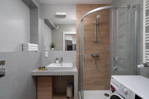 弗罗茨瓦夫Crystal Apartment的一间带水槽和淋浴的浴室