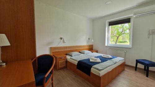 Göd阿芙罗狄蒂酒店的一间卧室配有一张床、一张书桌和一个窗户。