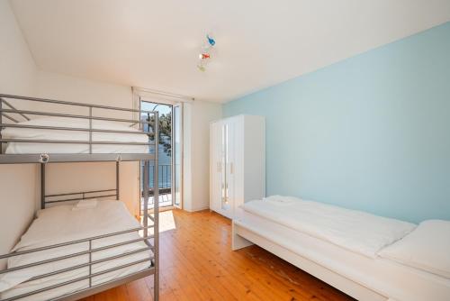 布里萨戈Brissago Lake Apartment的一间卧室设有两张双层床和梯子