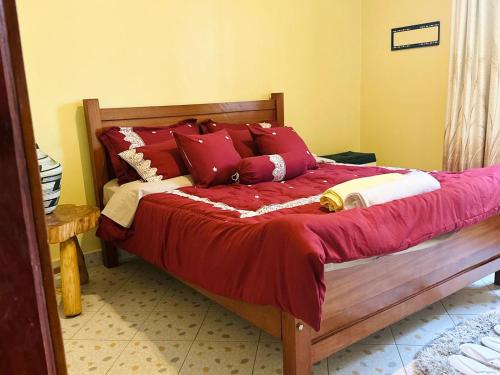 卡巴莱Dangotte Residence Lounge的一张带红色和白色枕头的床