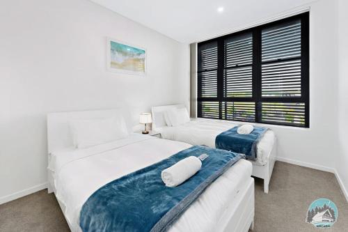 蚬壳港Aircabin - Shell Cove - Waterview - 2 Bed Apt的白色客房的两张床,设有窗户