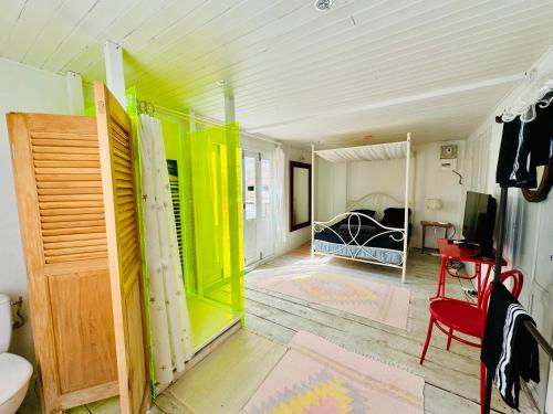 昂蒂布Bungalow avec piscine的一间设有绿色和黄色门的房间和一间卧室