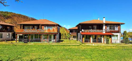 RaduilАпартаменти за гости"НИКОЛ"ап1的前面有绿色草坪的大房子