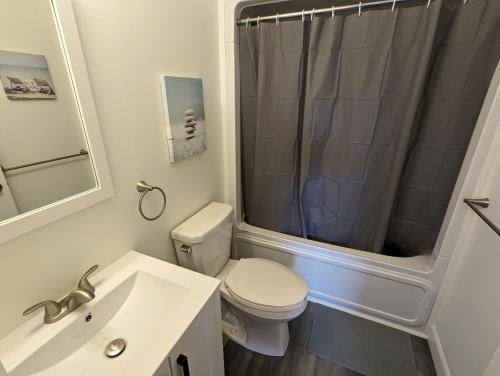 LanarkNewly Renovated 3 Bedroom Beach Front Condo 3B的浴室配有卫生间、盥洗盆和淋浴。