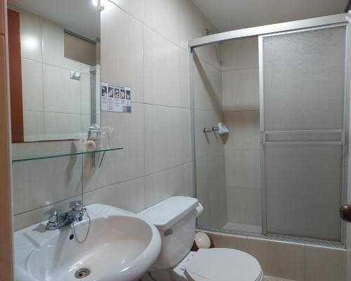 齐克拉约My Rouse Hotel的浴室配有卫生间、盥洗盆和淋浴。