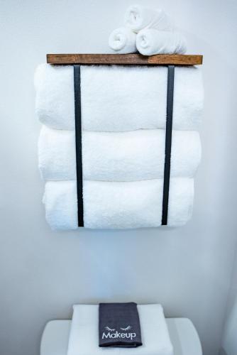 帕尔默Van Wormer Room 201, Hyland Hotel的马桶上方架上的毛巾堆