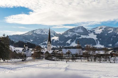 费斯恩Berger Wohlfühloase的雪中的一个村庄,有教堂和山脉