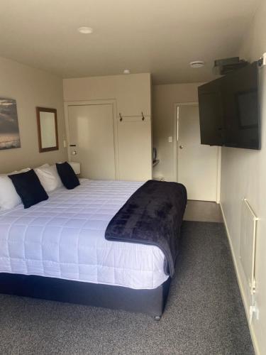 提马鲁阿什伯里公园汽车旅馆的一间卧室配有一张大床和一台平面电视