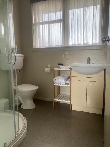 提马鲁阿什伯里公园汽车旅馆的一间带水槽和卫生间的浴室以及窗户。