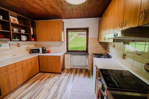 戈德马图杰克Holiday Home Vila Kopriva的厨房配有木制橱柜和窗户。