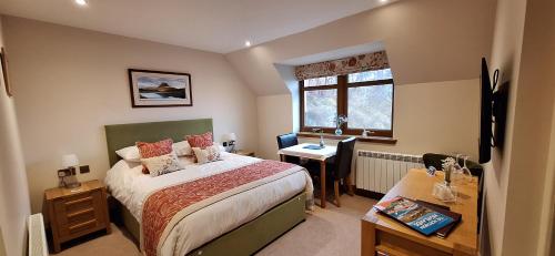 洛欣弗Caisteal Liath House的一间卧室配有一张床、一张书桌和一个窗户。