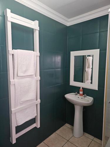 昆斯敦Amberdale Estate Self Catering的浴室配有盥洗盆、镜子和毛巾
